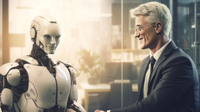 Positive interaction between man and robot during a daytime office interview