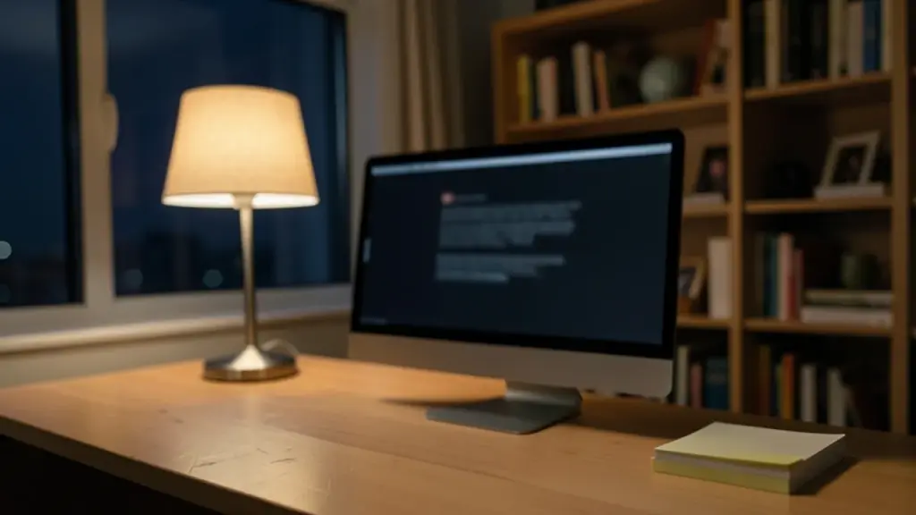 Home office at night with a blurred login screen