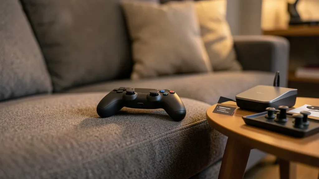 Controller on couch arm with charging dock and spare thumbsticks, lifestyle scene