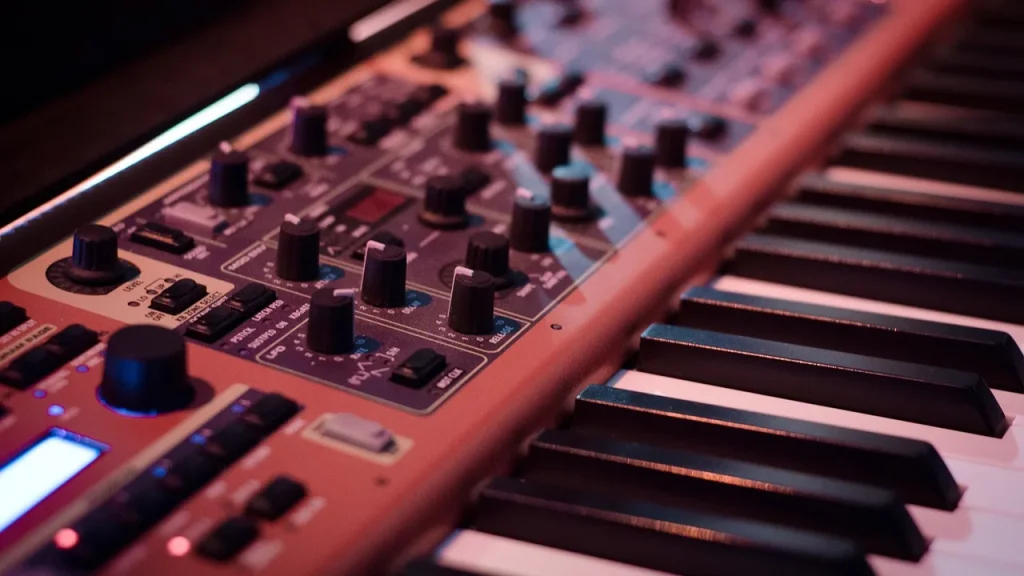 A compact studio setup with a small synth keyboard and modular gear on a desk