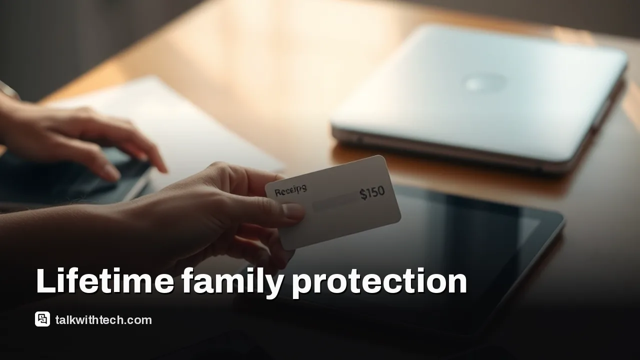 Hands placing card beside closed laptop, tablet and phone on kitchen table