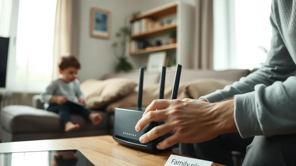 Person adjusting router on shelf with devices on coffee table and child silhouette watching