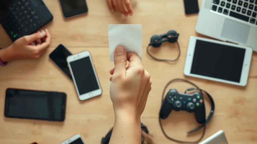 Overhead of nine devices on desk with hand holding a blurred receipt