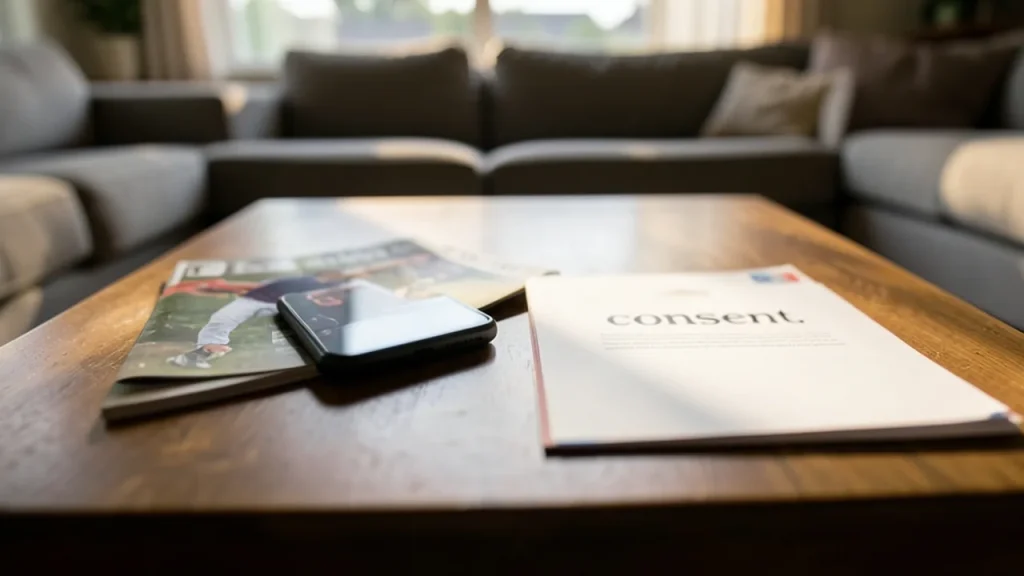 Phone face-down on coffee table with magazine and blurred consent folder