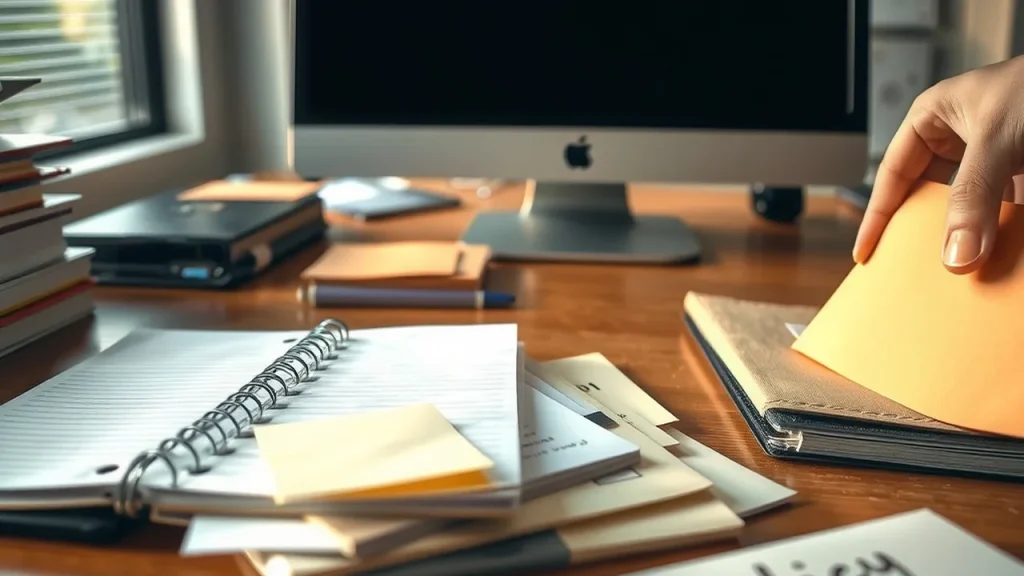 Desk with automation device off, notebooks and blurred sticky notes, hand placing policy folder