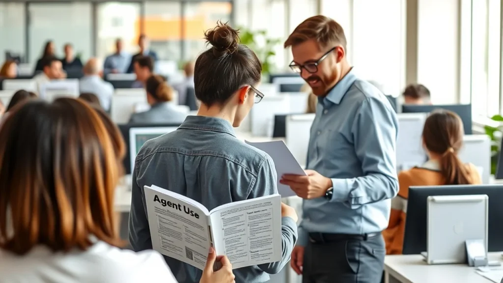 Workers from behind exchanging printed guides and checklists in open office