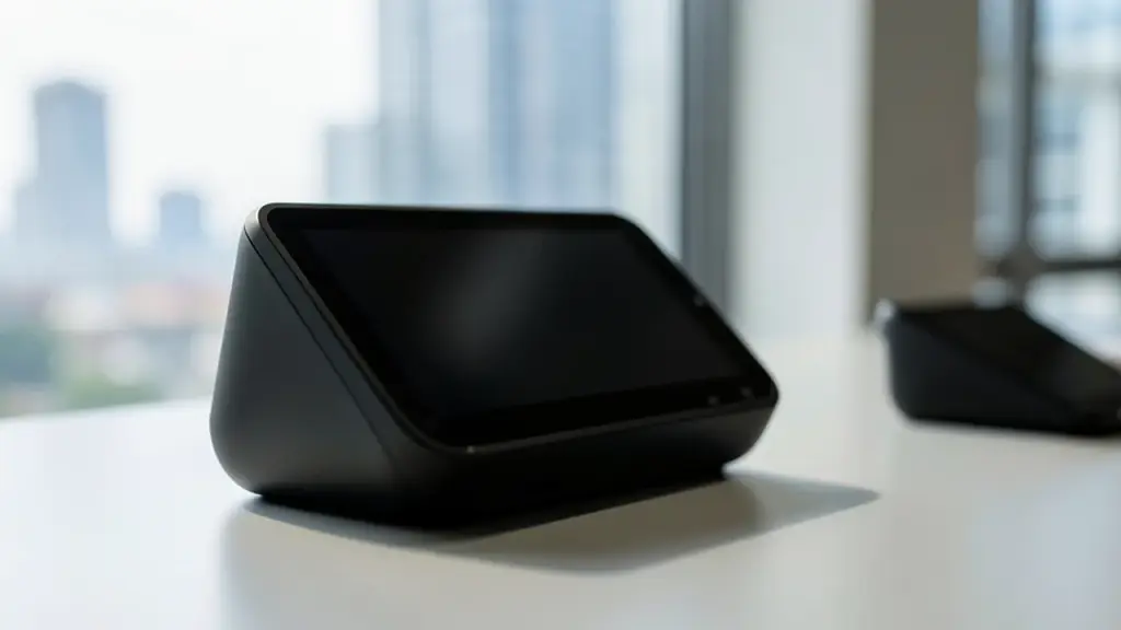 Two smart devices on a desk with off screens and natural light.