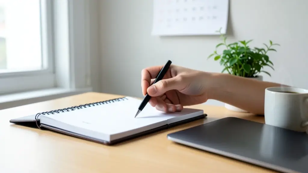 Hands on desk with notebook and closed laptop, home office feel.