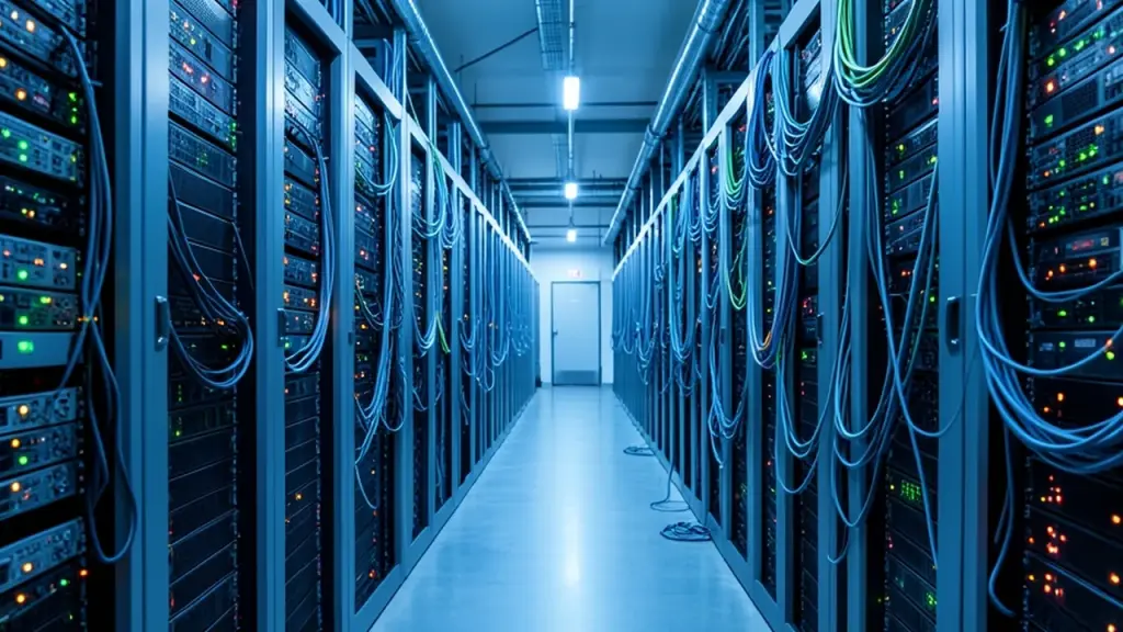 Rows of server racks with blinking lights in a data center