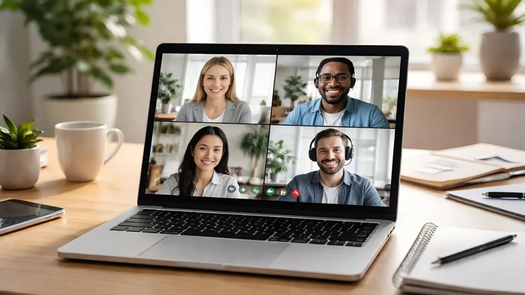 People collaborating on a laptop in a meeting