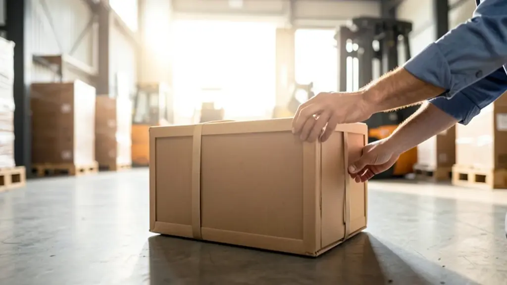Hands securing an unbranded shipping crate in warehouse loading bay