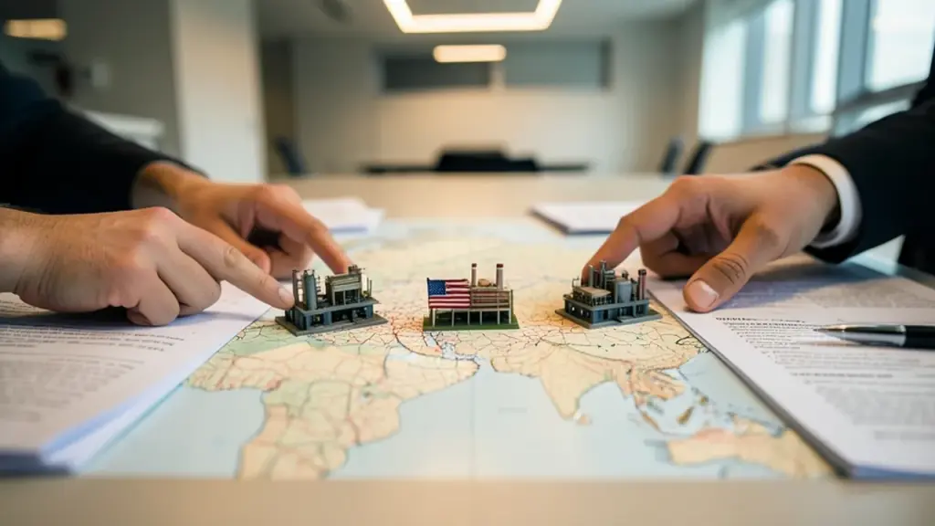 Hands pointing at model factories on table map showing India, US, Japan