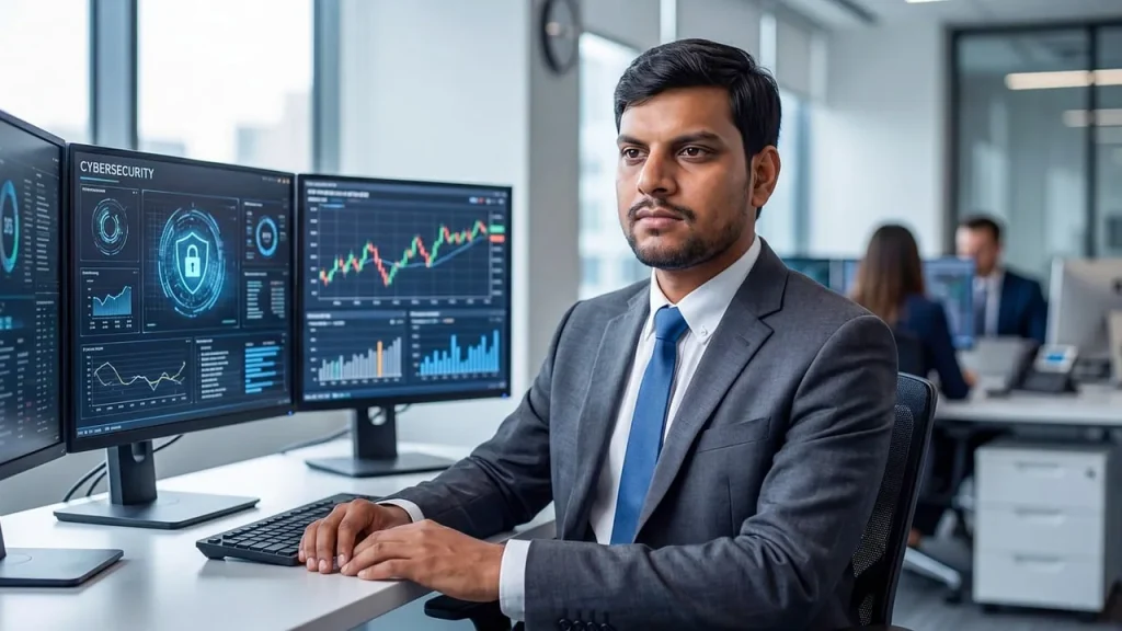 person analyzing security data on multiple screens in a dim room