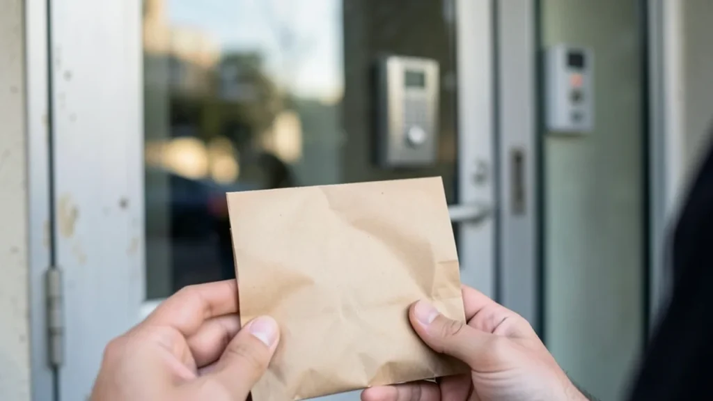 Manila envelope held outside anonymous LLC office facade