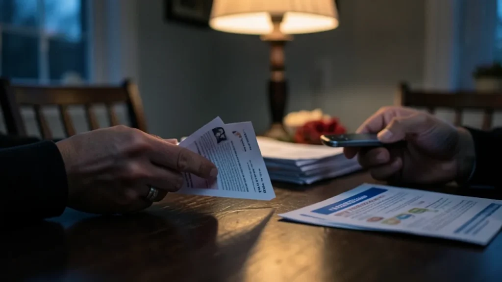 Hands at home table with campaign mailer face-down and bills nearby