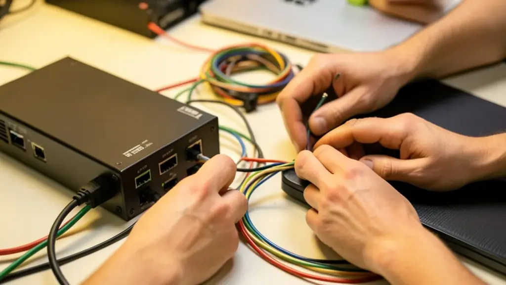 hands manipulating electronics and cables on a lab bench