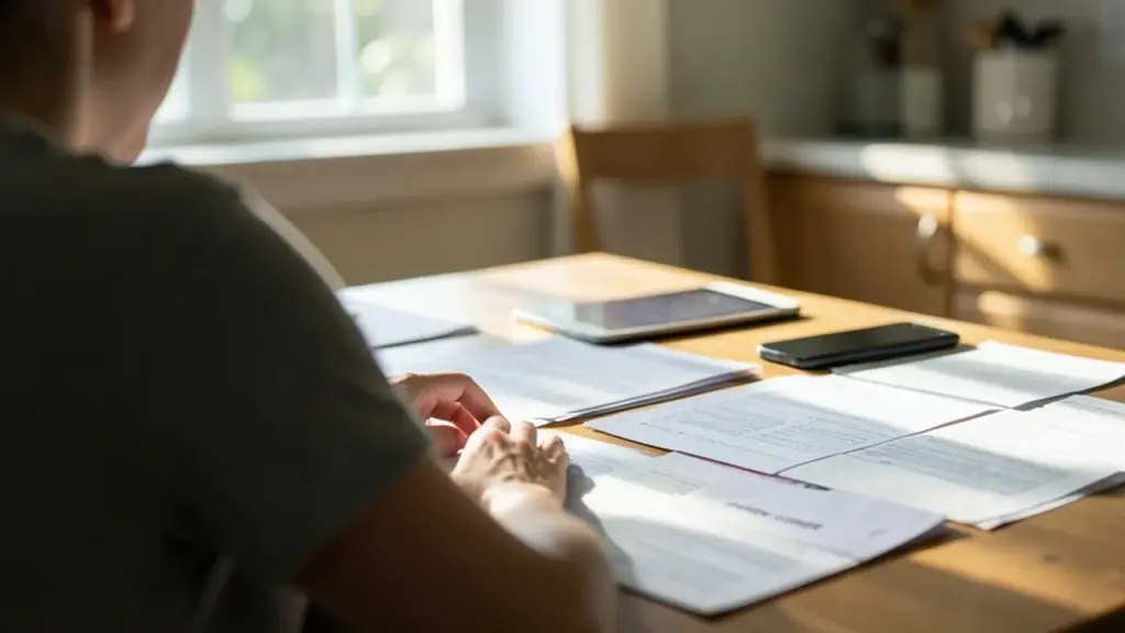 content creator at home table with device face-down and papers, hands visible
