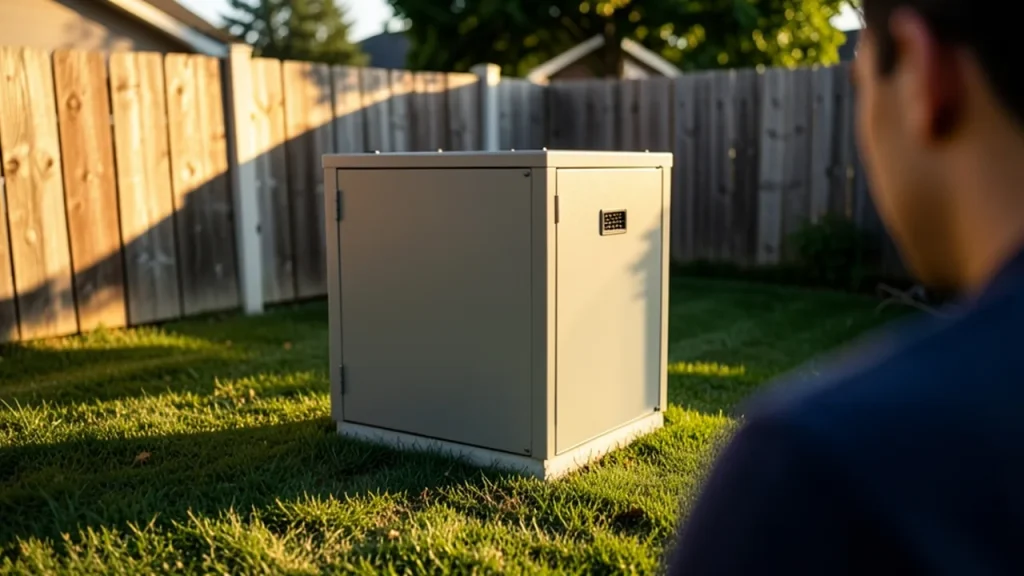 Backyard scene with small datacentre model and a listener's silhouette.