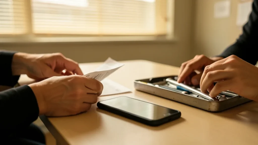 Workers' hands preparing leaflets beside a closed smartphone and toolkit.