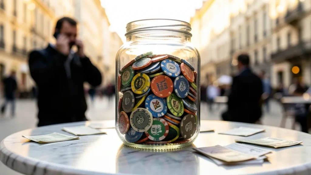 Glass jar of chips on café table with distant talking silhouette