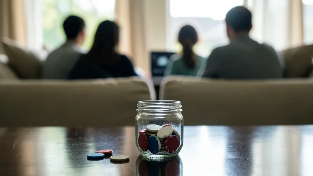 Living room coffee table jar with chips, family silhouettes on couch