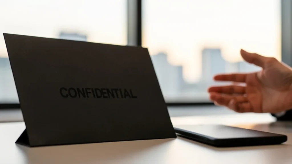 Confidential folder next to a face-down device, hands gesturing in background
