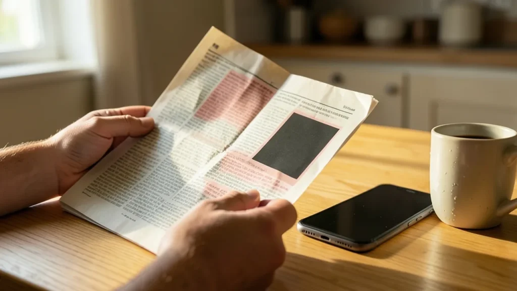 Hands holding a redacted report and a printed article at a kitchen table