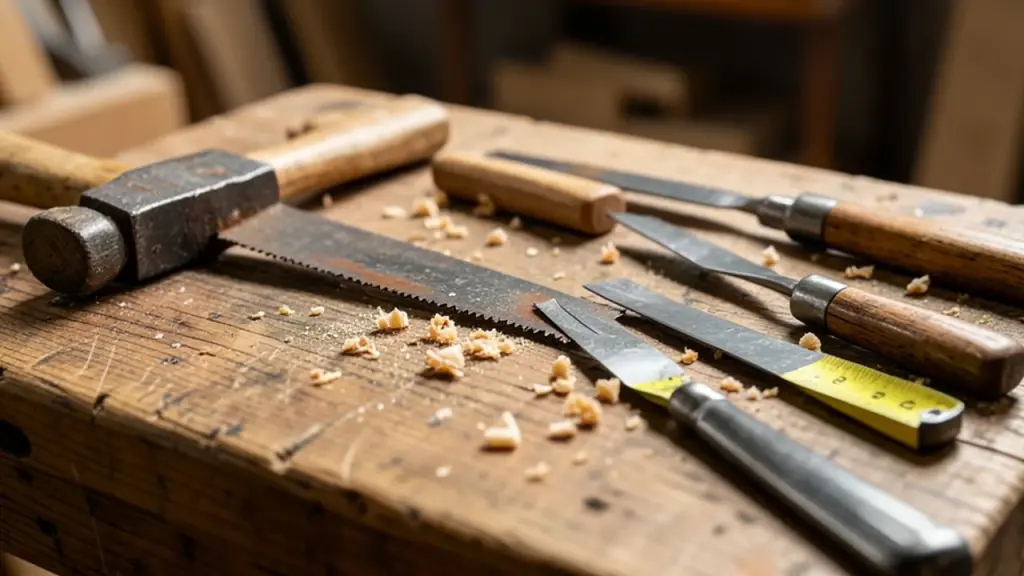 A workbench with woodworking tools and shavings