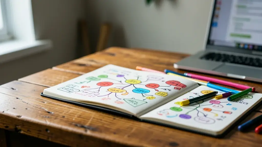 A notebook with a mind map next to a laptop