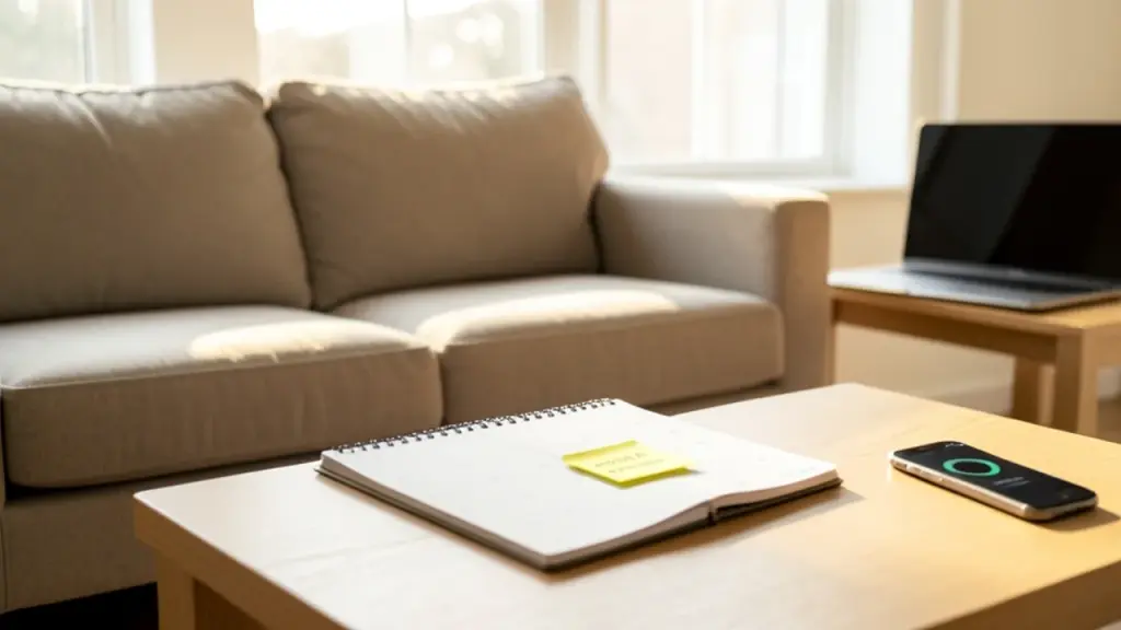 Living room with laptop turned away, sticky note reminder and phone showing update blurred