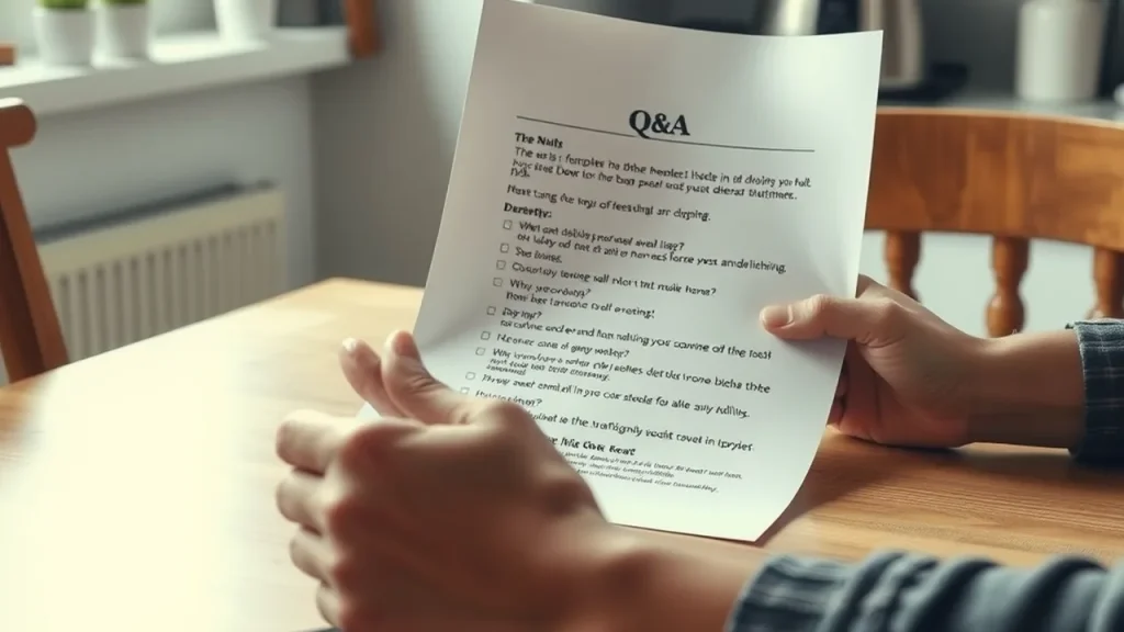 Person at kitchen table looking at a printed Q&A, smartphone face-down nearby