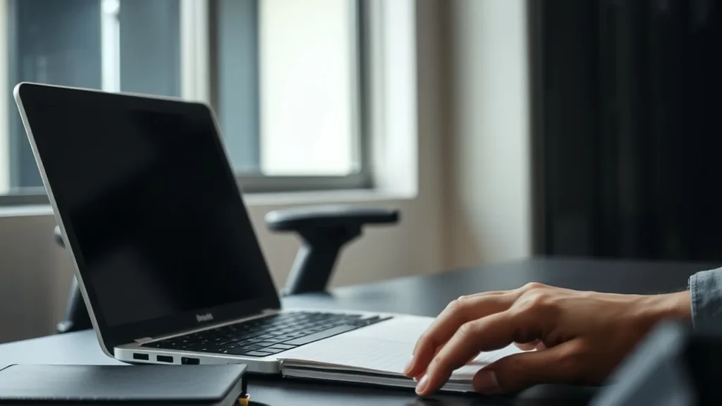Technician's hands typing at desk with laptop screen turned away and server reflection.