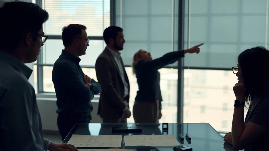 Three silhouettes around a table reviewing printed automation workflow diagrams.