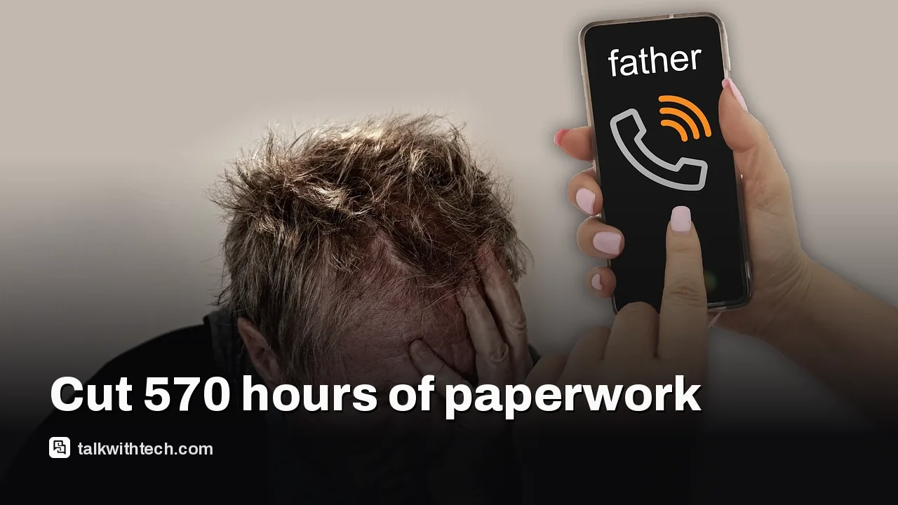 A family member sits at a desk with paperwork and a laptop, looking thoughtful.