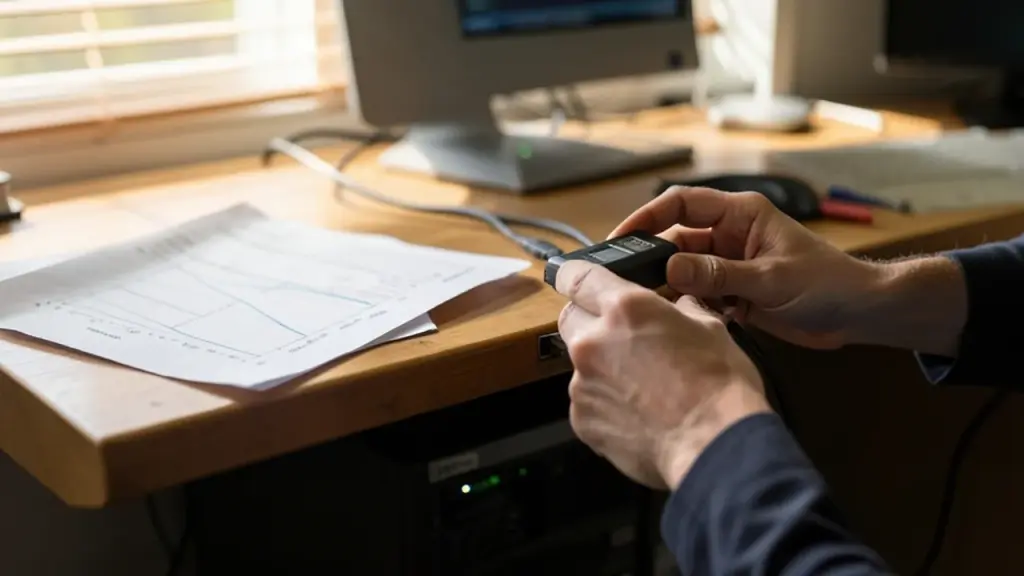 Hands plugging portable drive into a CPU tower under a rural weather office desk.