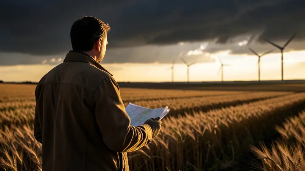 Farmer from behind holding a map in field, with wind turbines and storm clouds on the horizon.