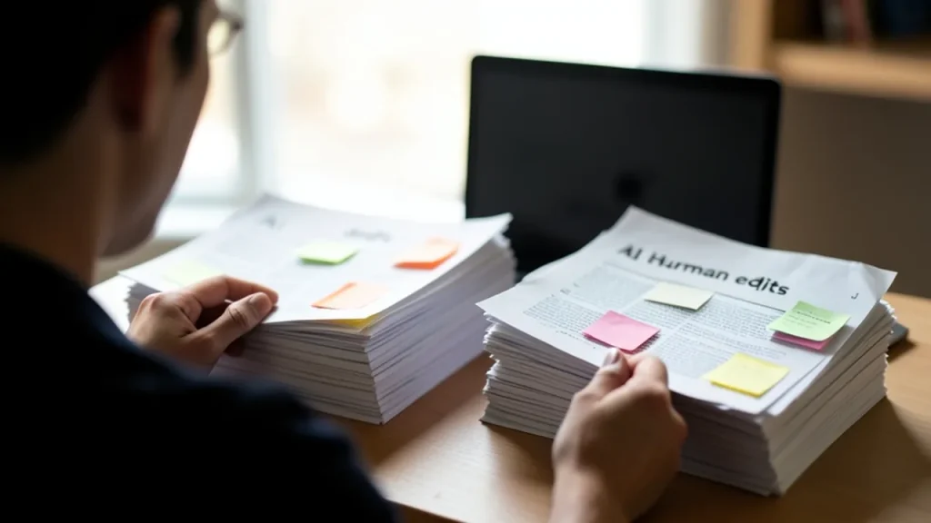 Person comparing two stacks of printed articles on a table, back view
