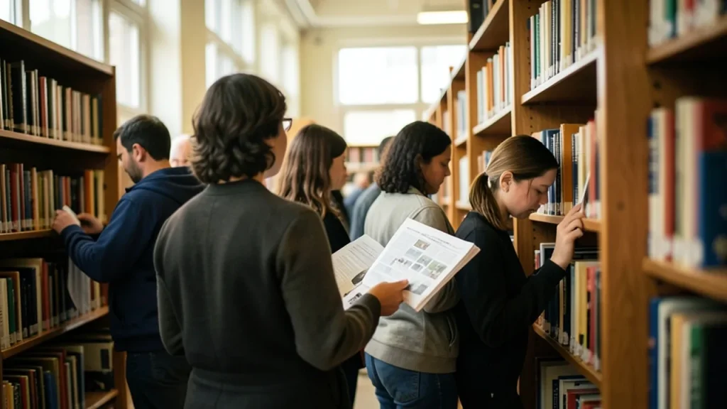 Library aisle with people reading printed encyclopedia pages and notes