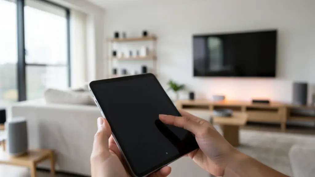 Group of smart speakers by room with a hand selecting a room on a tablet
