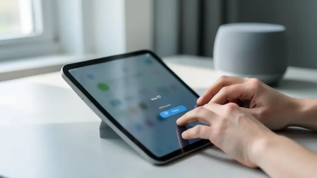 Hands configuring Alexa voice options on a tablet beside a smart speaker