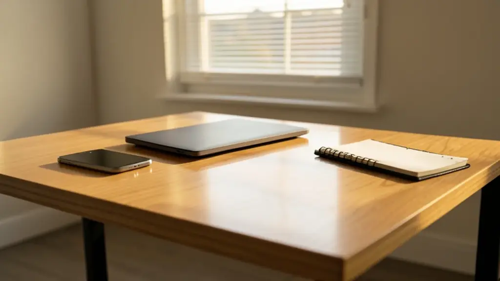 A phone and laptop on a desk in evening light