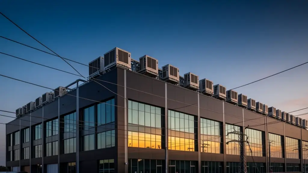 A large data center building at dusk