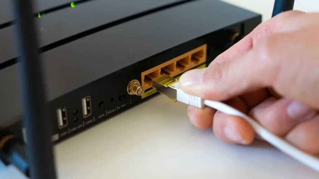 A home router on a desk with cables