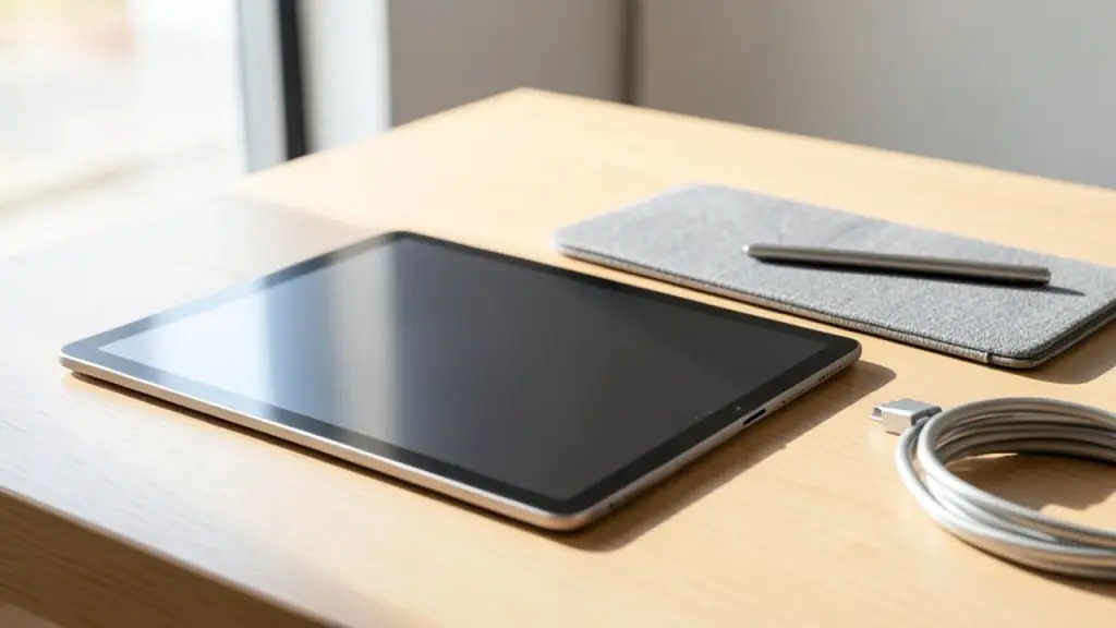 Tablet on table with keyboard and stylus, sunlight showing low-glare surface