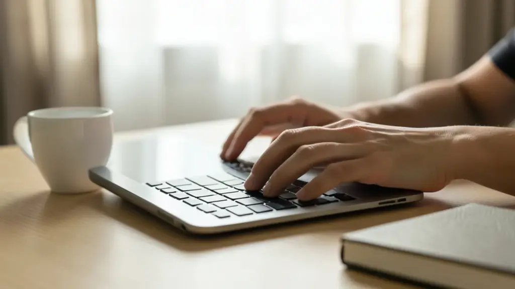 Hands typing on tablet with folio keyboard in a sunlit home office