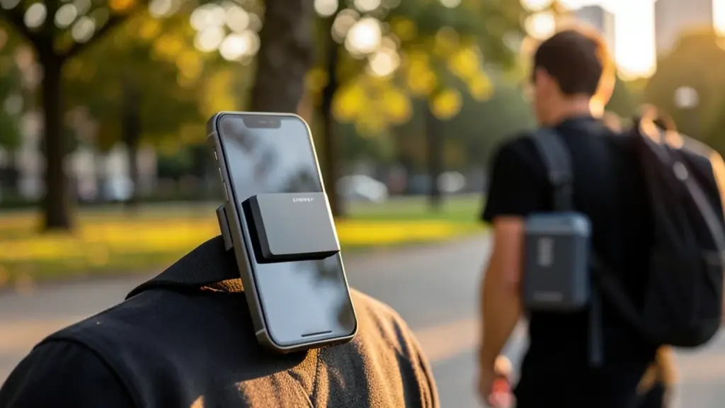 Eclipse card attached to phone and Frontier clipped to backpack strap in park at golden hour