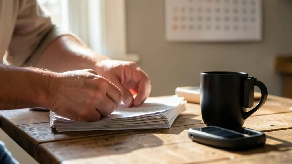 Hands sorting mail at kitchen table with Frontier and Eclipse nearby, warm window light