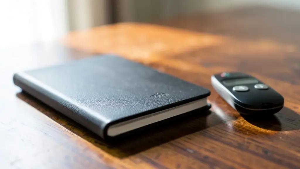 Kindle with accessories on a desk showing remote and cover.