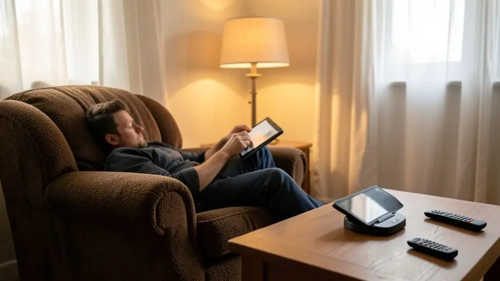 Reading setup showing Kindle, remote, and charging dock in a living room.