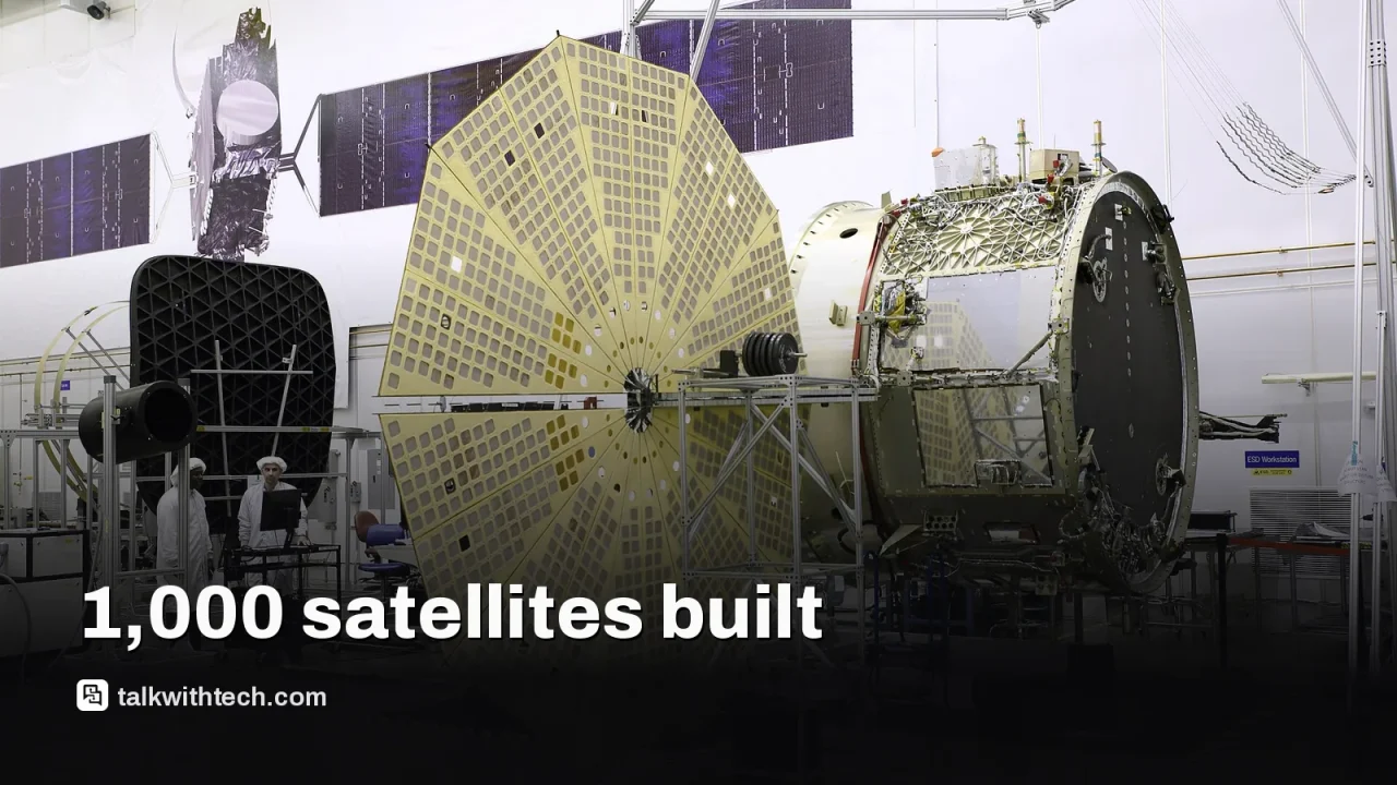 Indoor view of a large satellite assembly facility